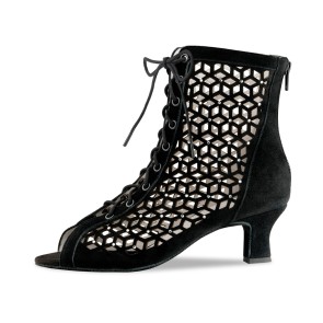 Anna Kern 990-50 Elaine Zwarte Suede dansschoenen voor Dames met Opengewerkt Motief en rits