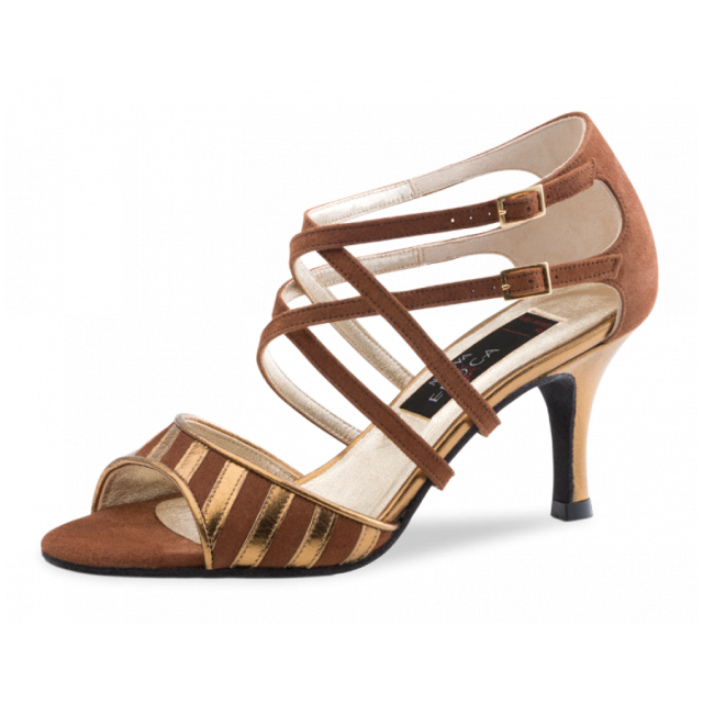 Nueva Epoca Louise Bruin Suede Kruisbandjes Goud hak 7 cm