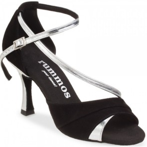 Rummos R304 Dames Latin dansschoenen met zilver metallic diagonaal bandje - rood - zwart