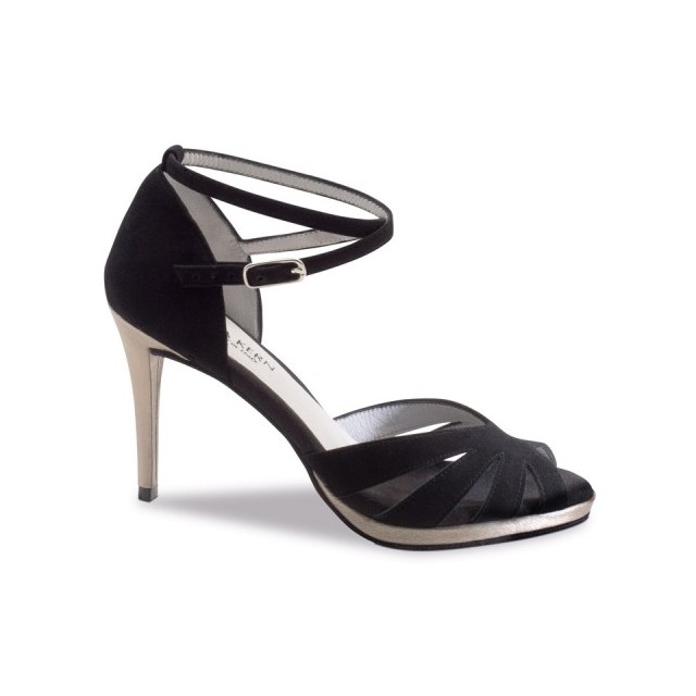 Anna Kern 910-80 zwarte Dames dansschoenen met stiletto hak en plateauzool van suede en bronskleurig metallic leer