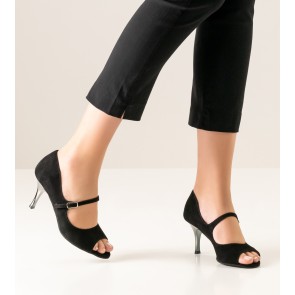 Nueva Epoca Frida Dansschoenen voor Dames zwart suede met zilverkleurige hak van leer