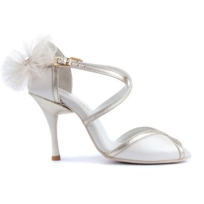 Portdance PD857 Bruidsschoenen met kruisbandjes - Beige en goud metallic leer - Lederen zool